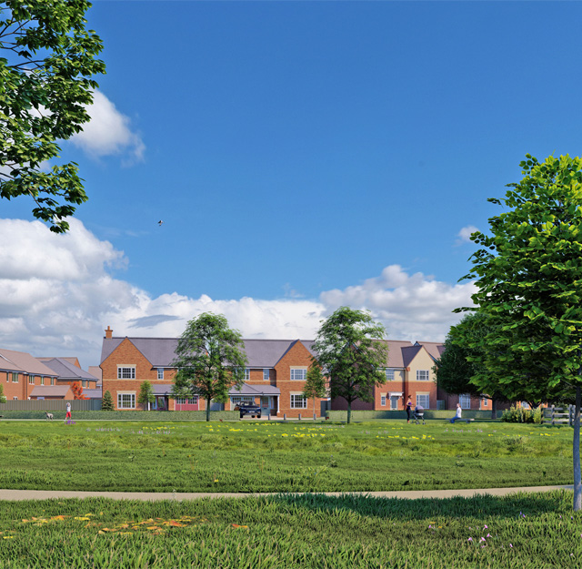 A woman running along a gravel path through a park area, near a row of houses.